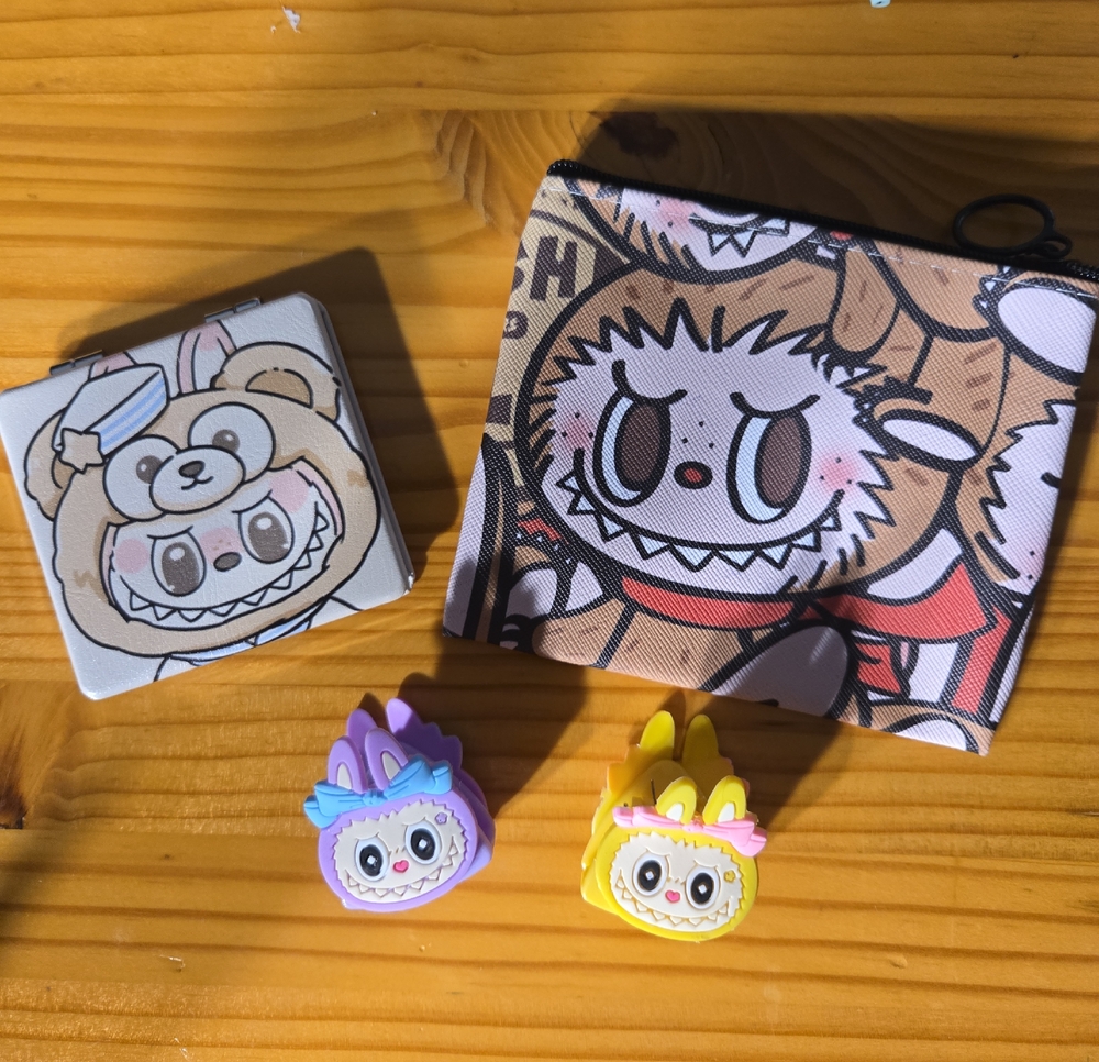 Labubu Inspired Compact Mirror, Hair Clips, Small Zipper Purse
